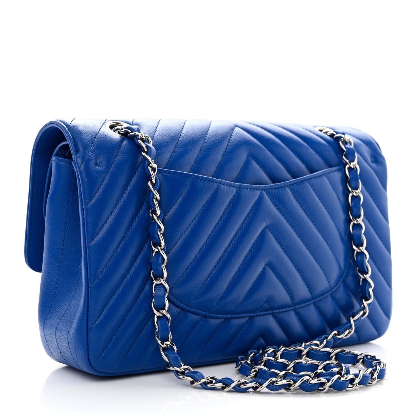 Caviar Chevron Quilted Medium Double Flap Blue