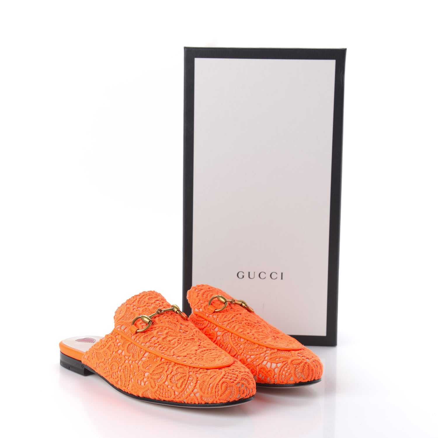 Gucci Lace Malaga Kid Womens Princetown Slippers 37.5 Orange Fluo Skin Rose 9 of 9