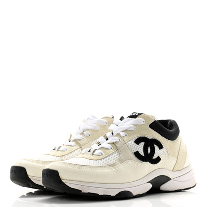 Chanel Mesh Suede Calfskin Grained Calfskin Womens CC Sneakers 38 White Black 3 of 11