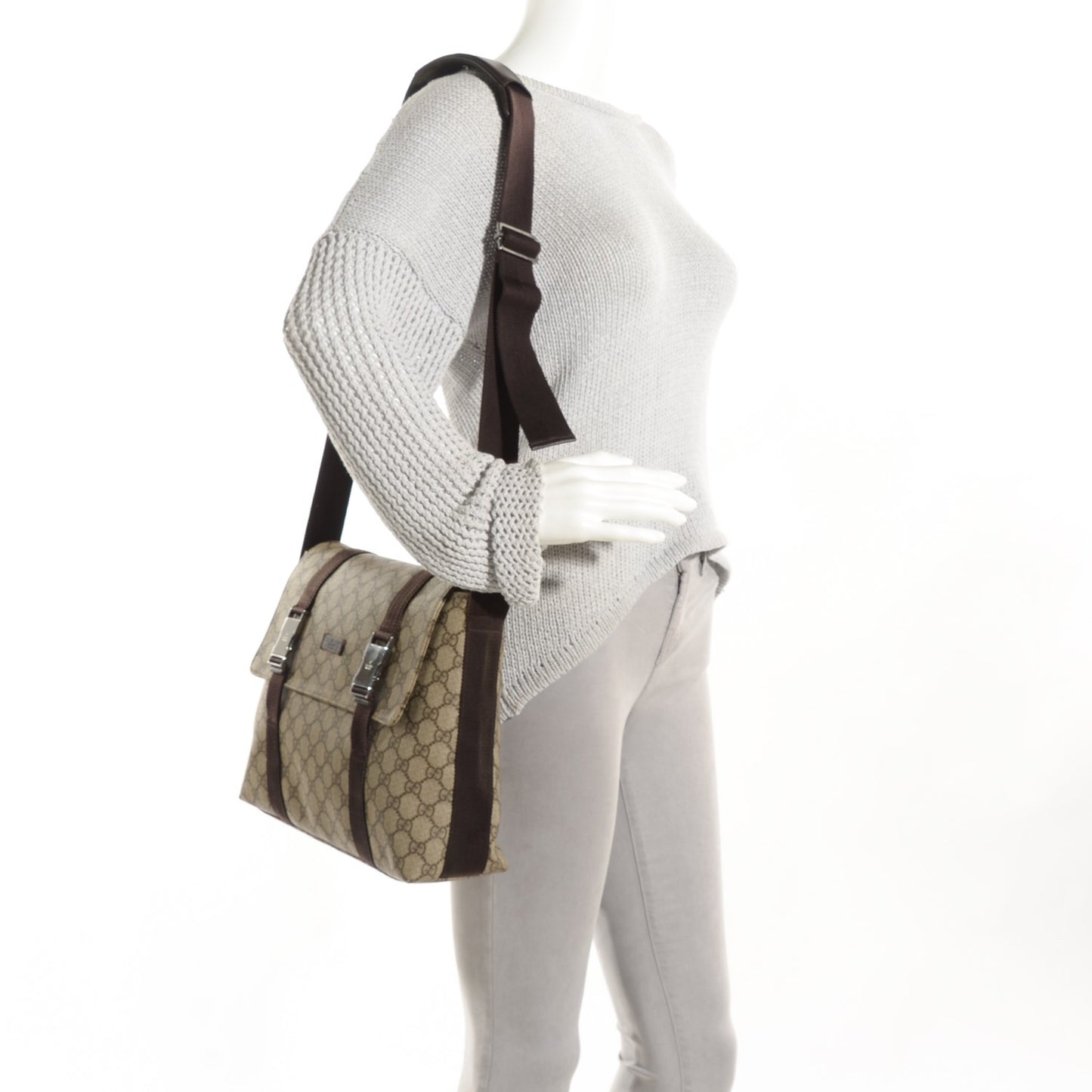 GG Plus Monogram Large Double Buckle Flap Messenger Bag Beige Dark Brown
