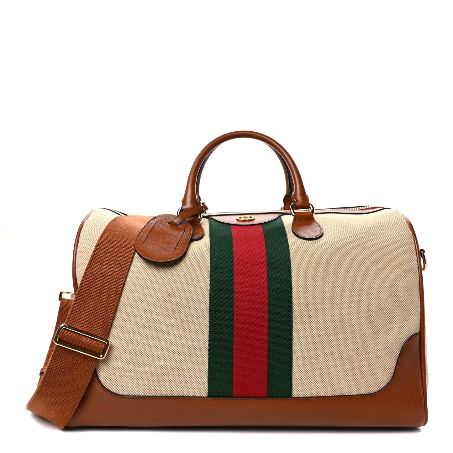 Canvas Calfskin Vintage Web Travel Duffle Bag Beige Cuir