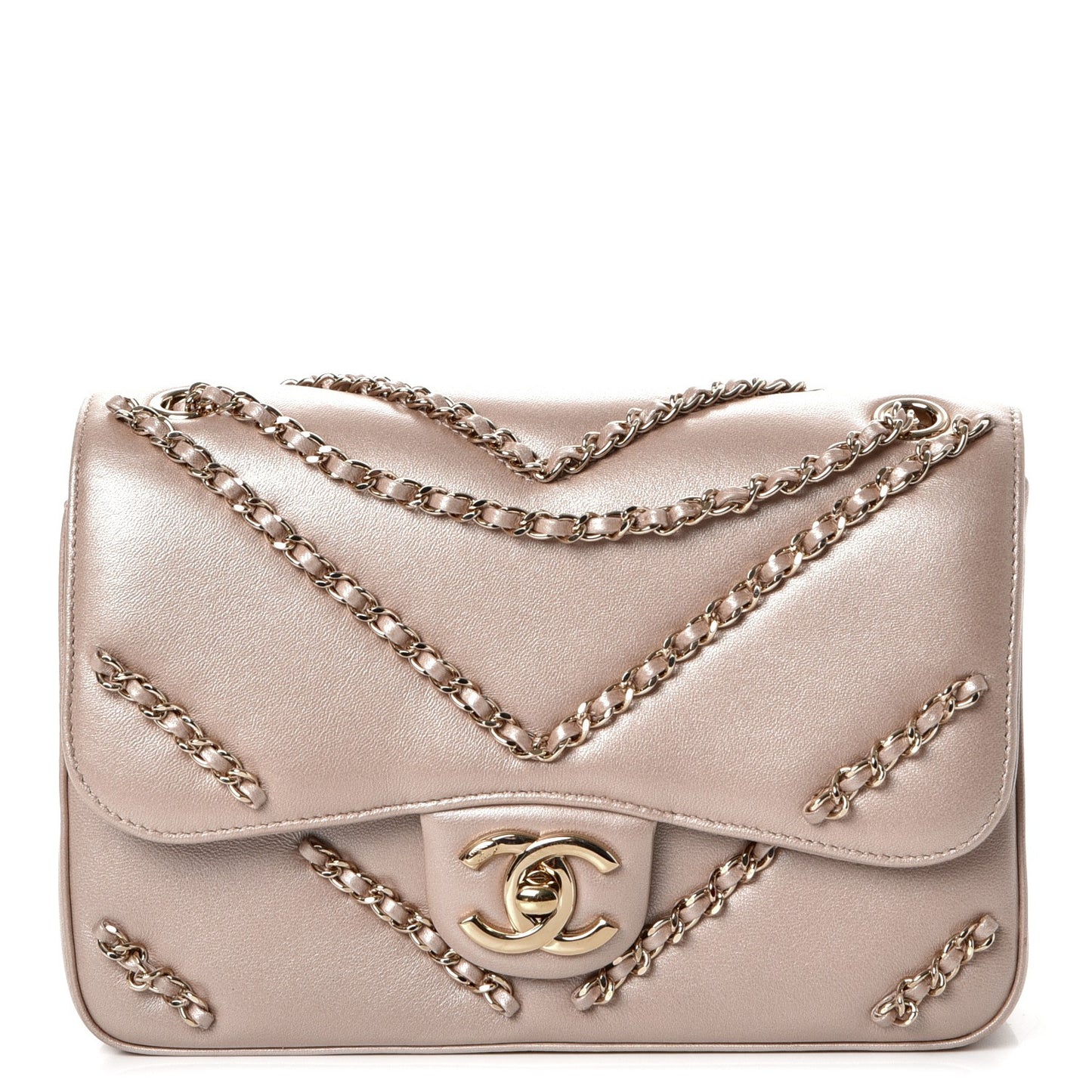 Metallic Lambskin Small CC Chained Flap Light Gold