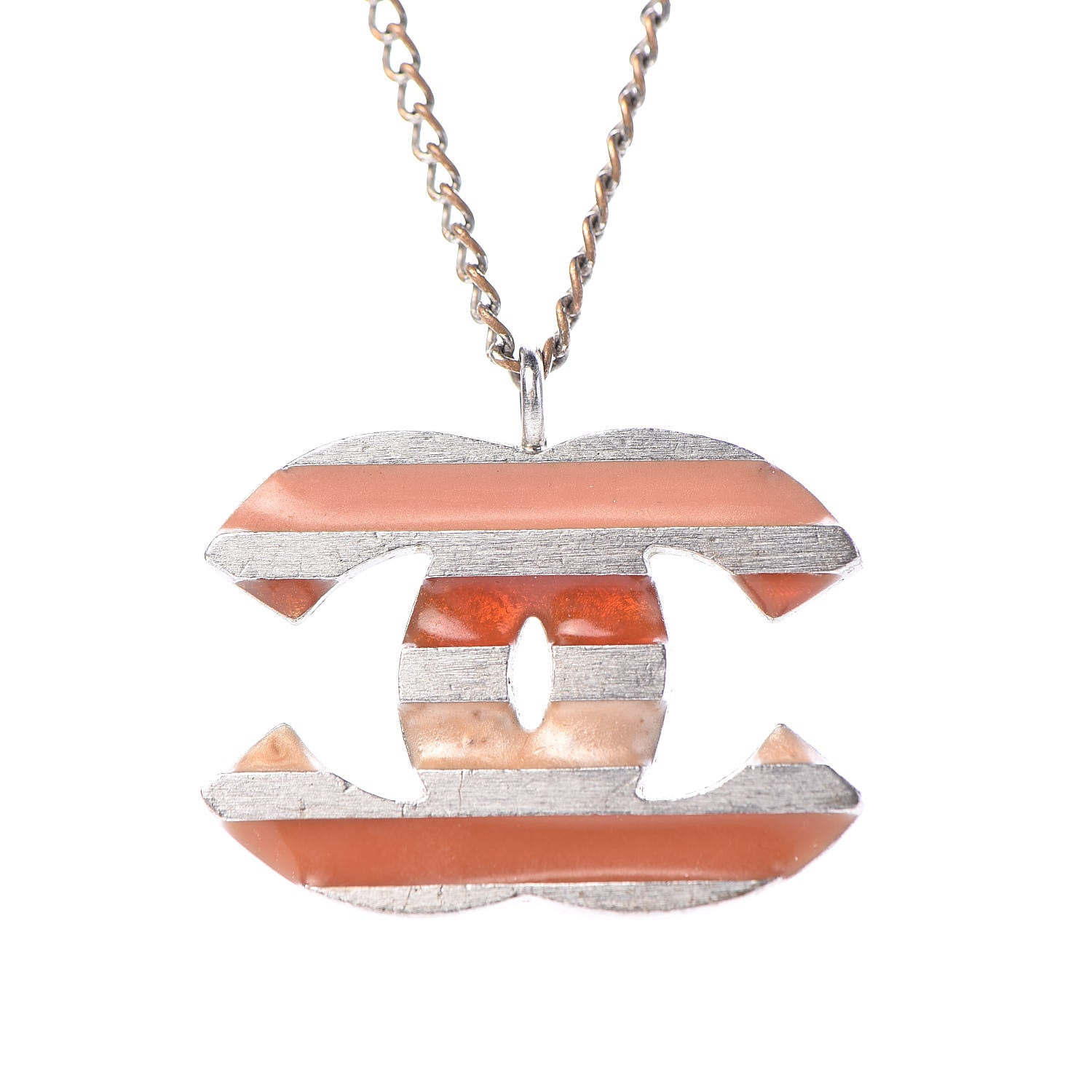 Chanel Enamel Striped CC Necklace Orange Silver 4 of 6