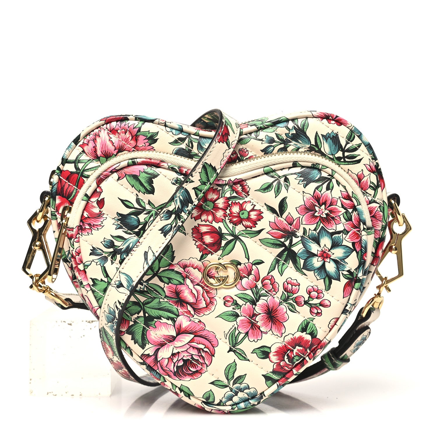 Gucci Calfskin Matelasse Diagonal Brit Roses Print Mini Interlocking G Heart Shoulder Bag White Multicolor 1 of 9