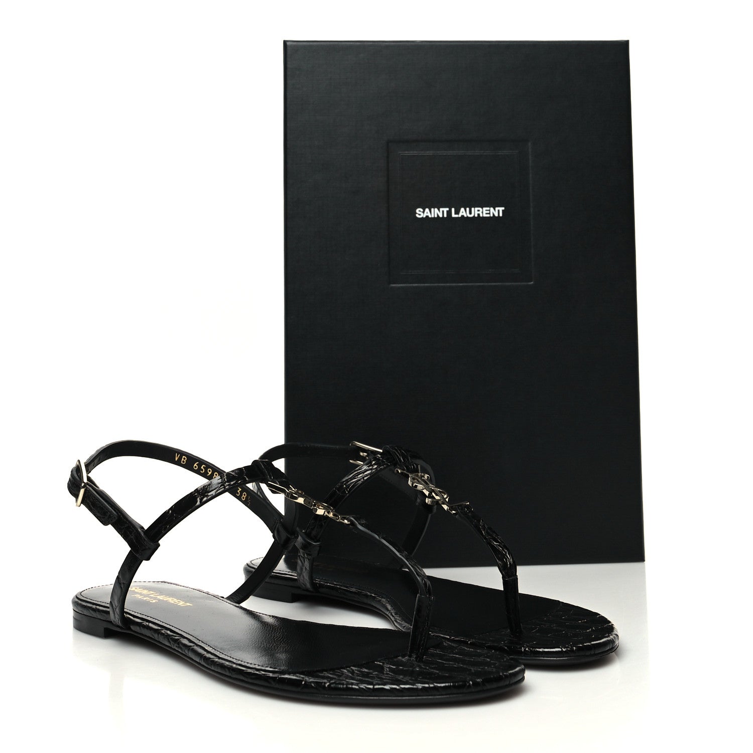 Saint Laurent Calfskin Crocodile Embossed Cassandra Monogram Sandals 38.5 Black 9 of 9