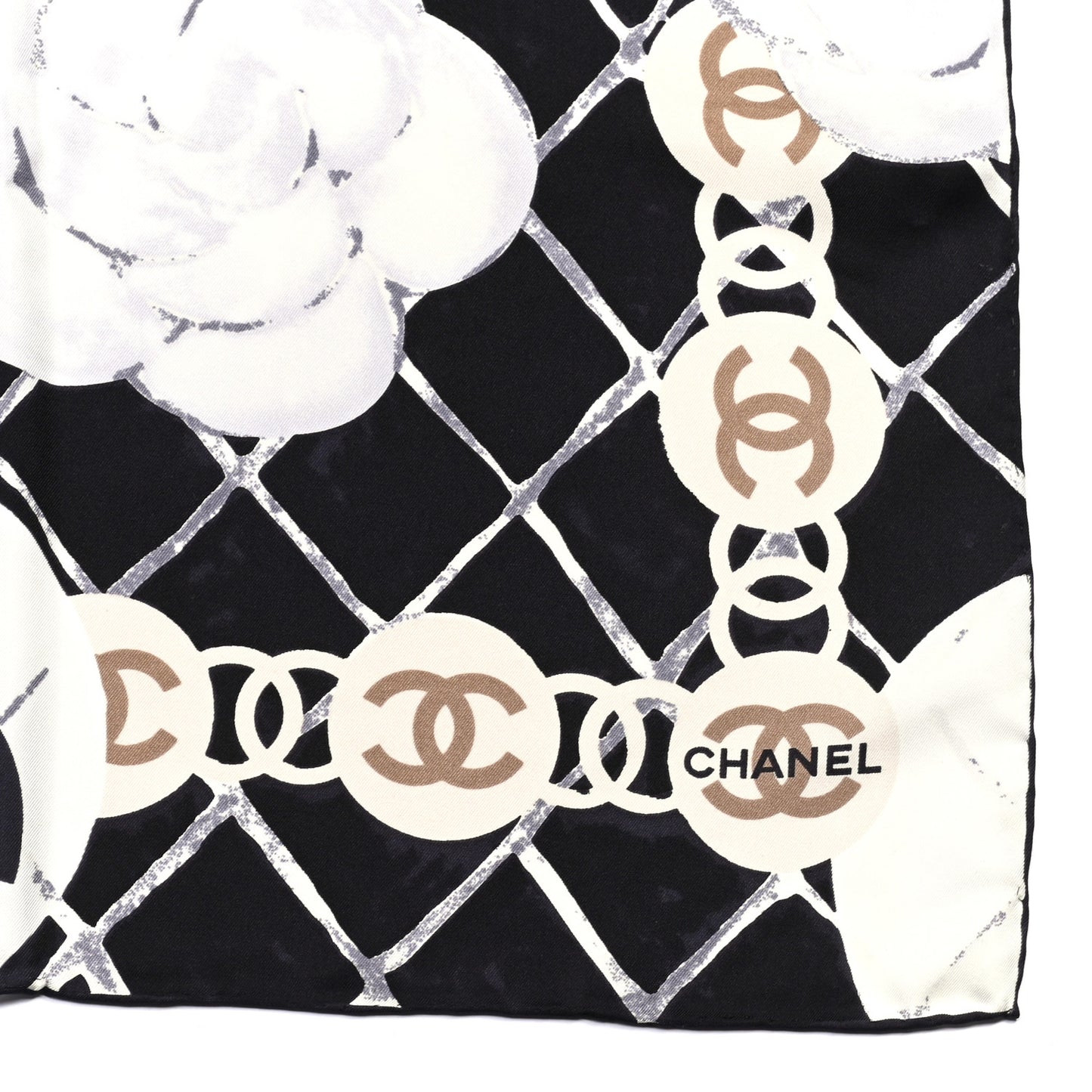 Silk CC Logo Camellia Scarf White Black