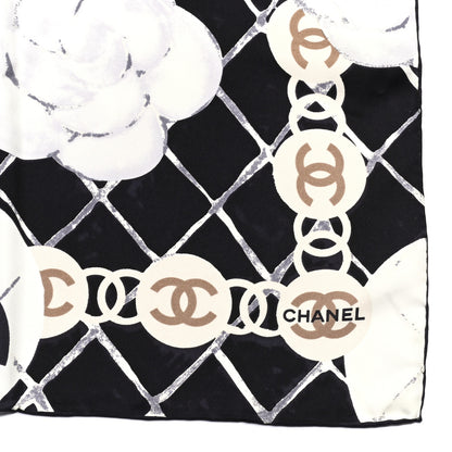 Chanel Silk CC Logo Camellia Scarf White Black 2 of 4