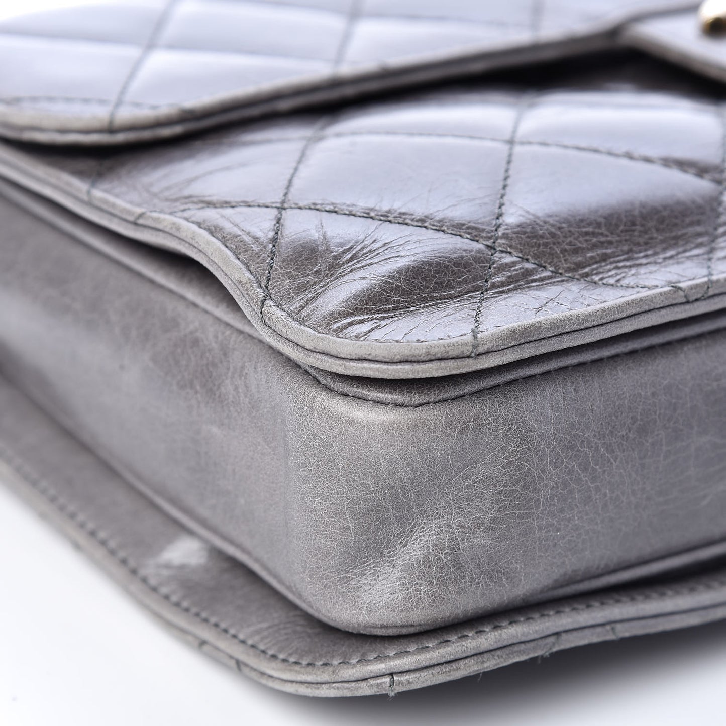 Glazed Calfskin Quilted Large Perfect Edge Flap Grey