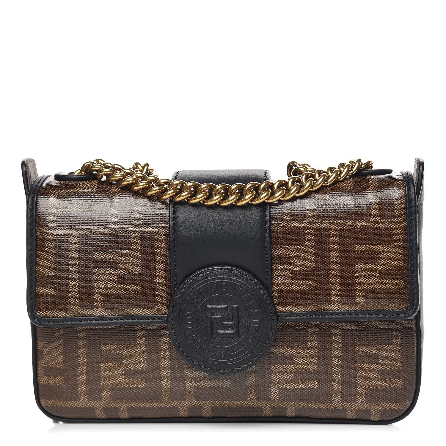 Fendi Glazed Fabric Vitello Century FF 1974 Stamp Patch Mini Double F Crossbody Bag Mogano Panna Black 1 of 13