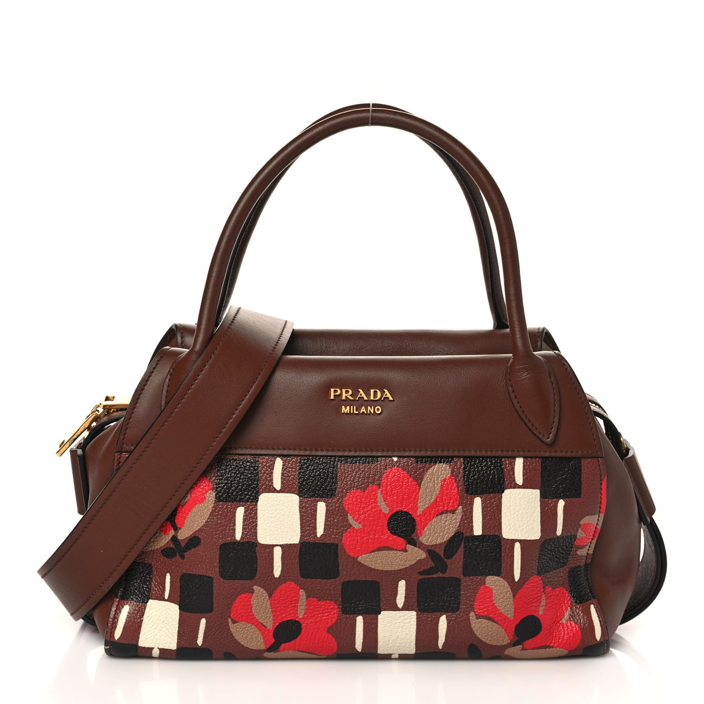 Goatskin Floral Print Bibliotheque Top Handle Tabacco