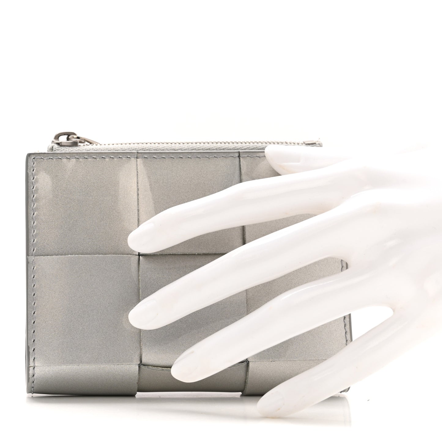 Metallic Patent Calfskin Maxi Intrecciato Small Bi-Fold Zip Wallet Silver