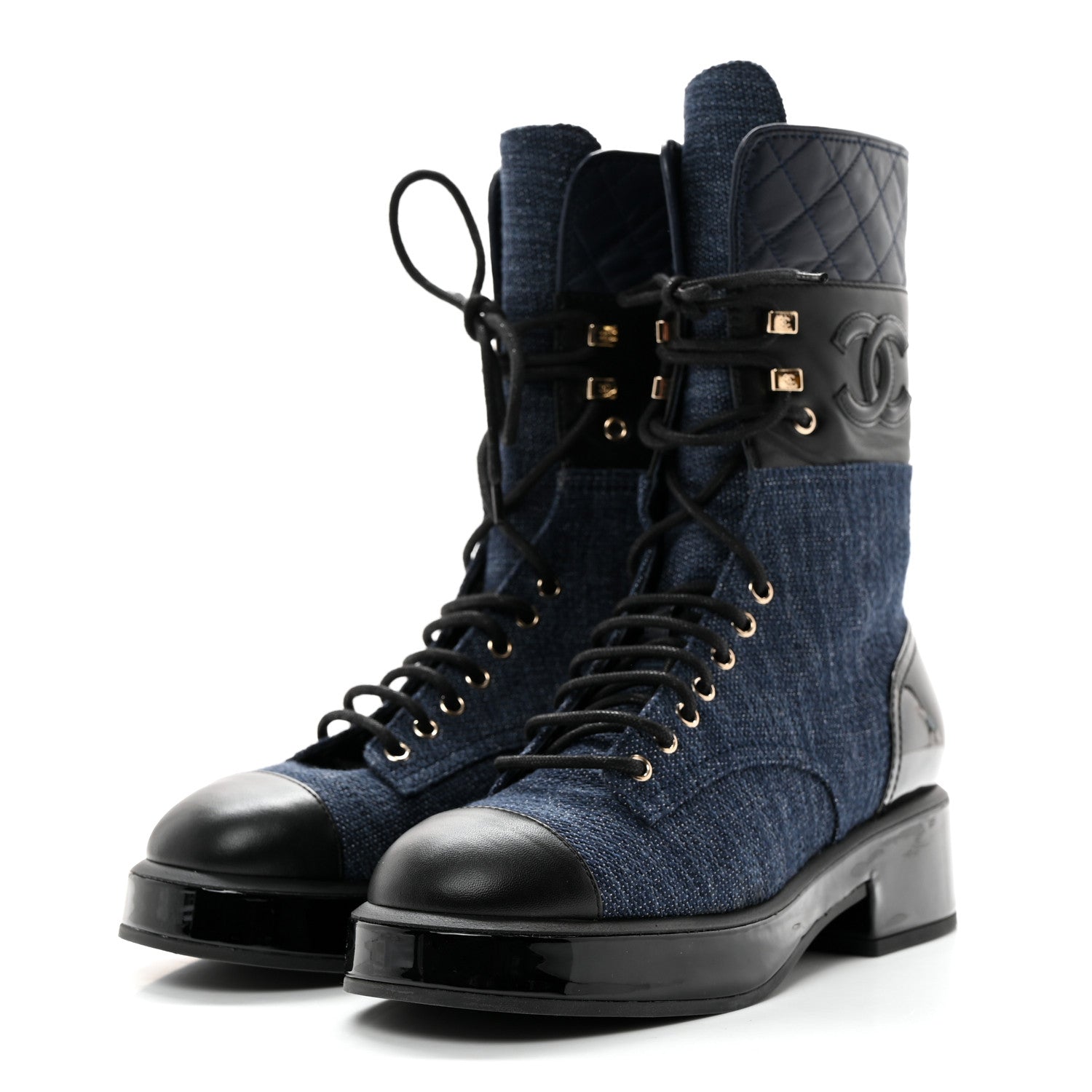 Chanel Denim Patent Lambskin Quilted CC Lace Up Combat Boots 38 Blue Black 3 of 9