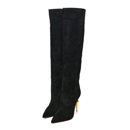 Christian Louboutin Veau Velours Lipbotta 100 Over The Knee Boots 37 Black Gold 3 of 6
