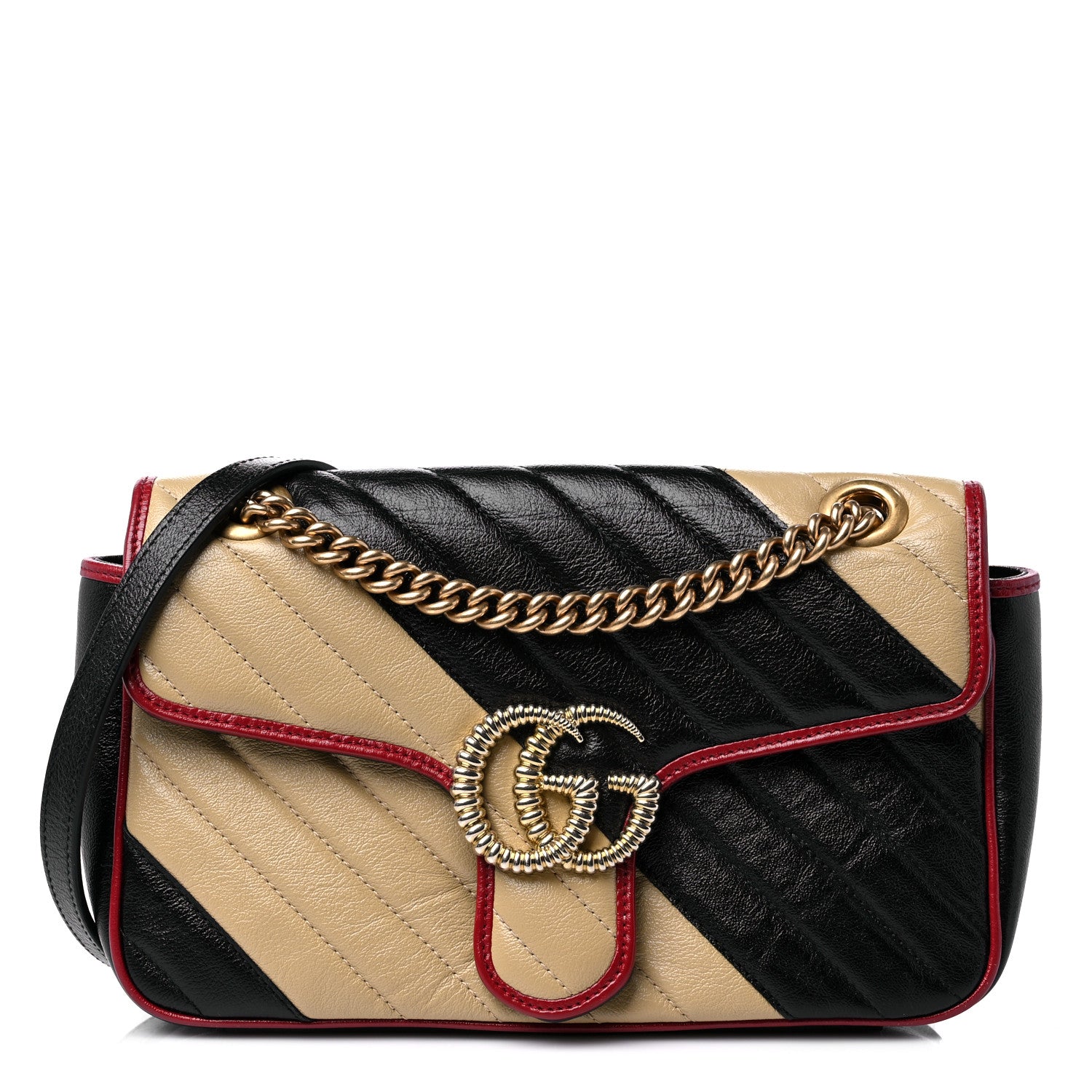 Gucci Vintage Effect Calfskin Matelasse Diagonal Striped Small Torchon GG Marmont Shoulder Bag Black Beige 1 of 11