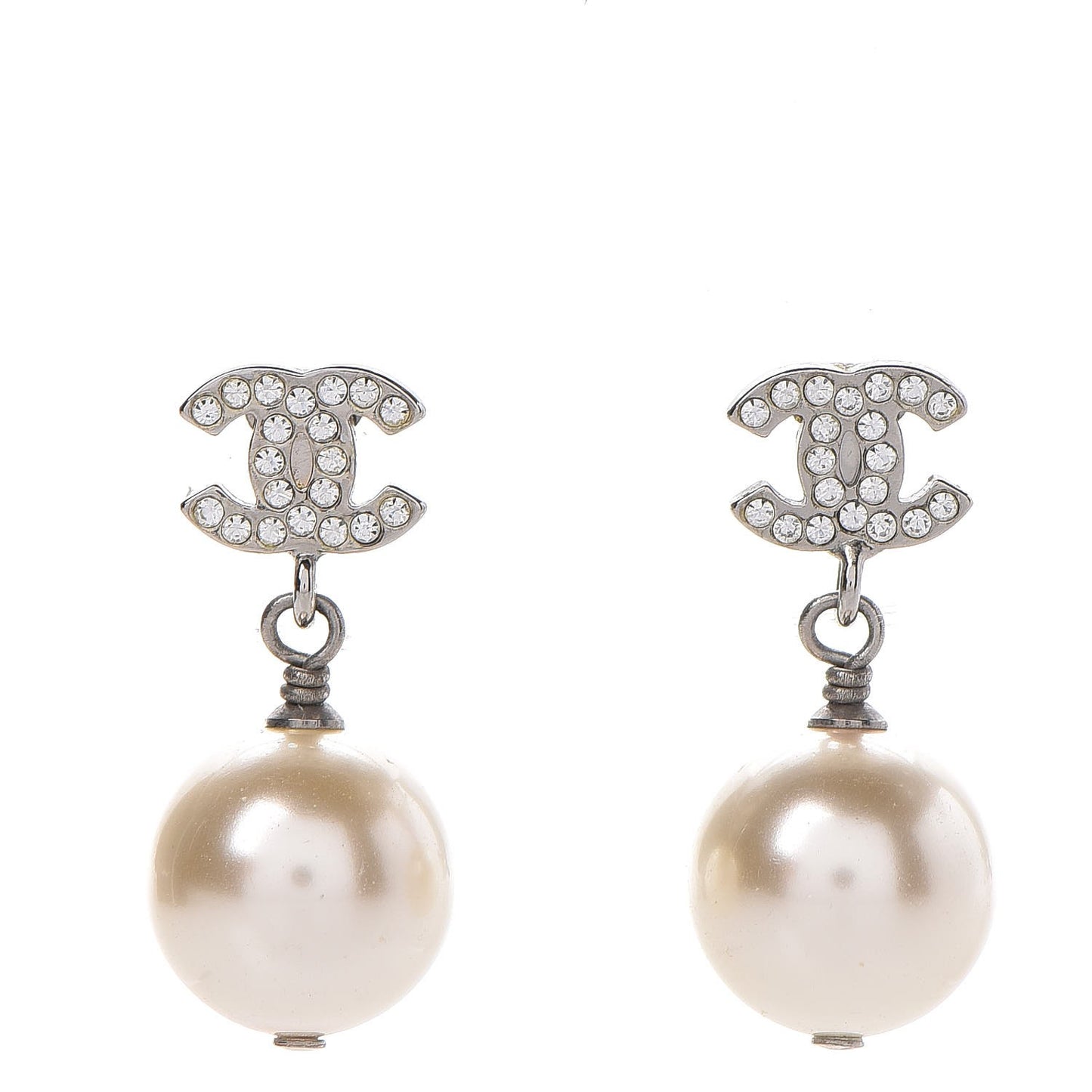 Crystal Pearl CC Drop Earrings Silver