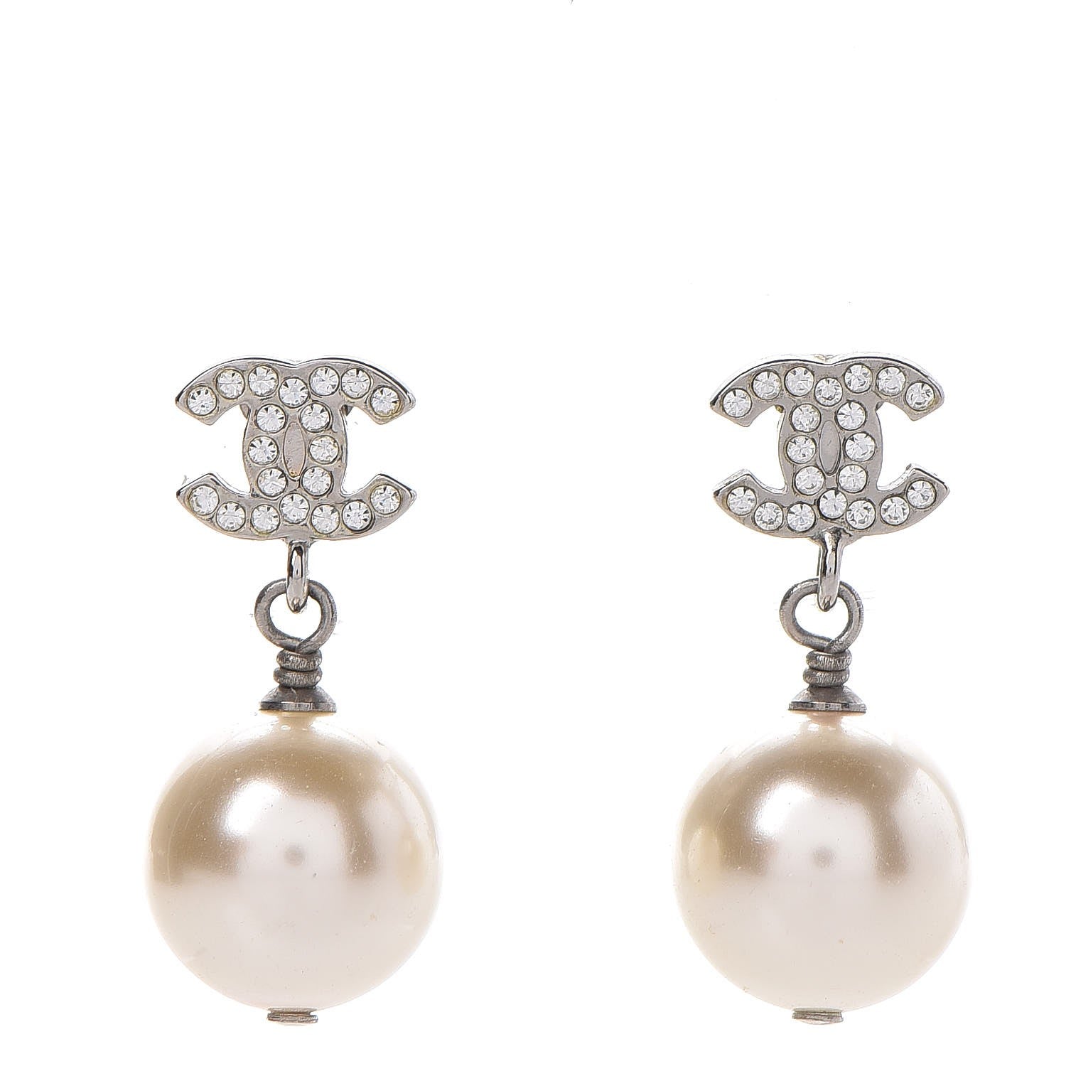 Chanel Crystal Pearl CC Drop Earrings Silver 1 of 5