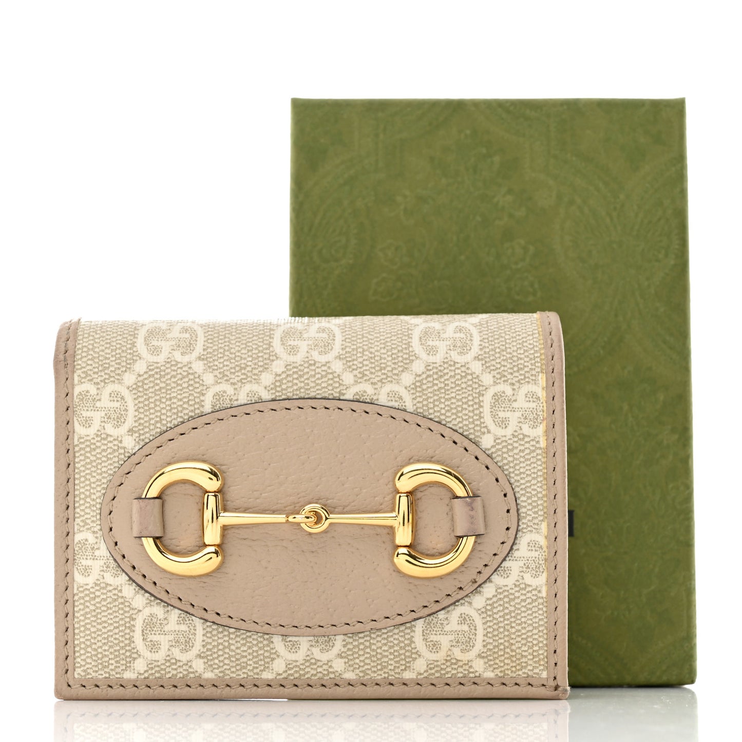 GG Supreme Monogram Textured Dollar Calfskin Horsebit 1955 Card Case Wallet Beige Mystic White Oatmeal