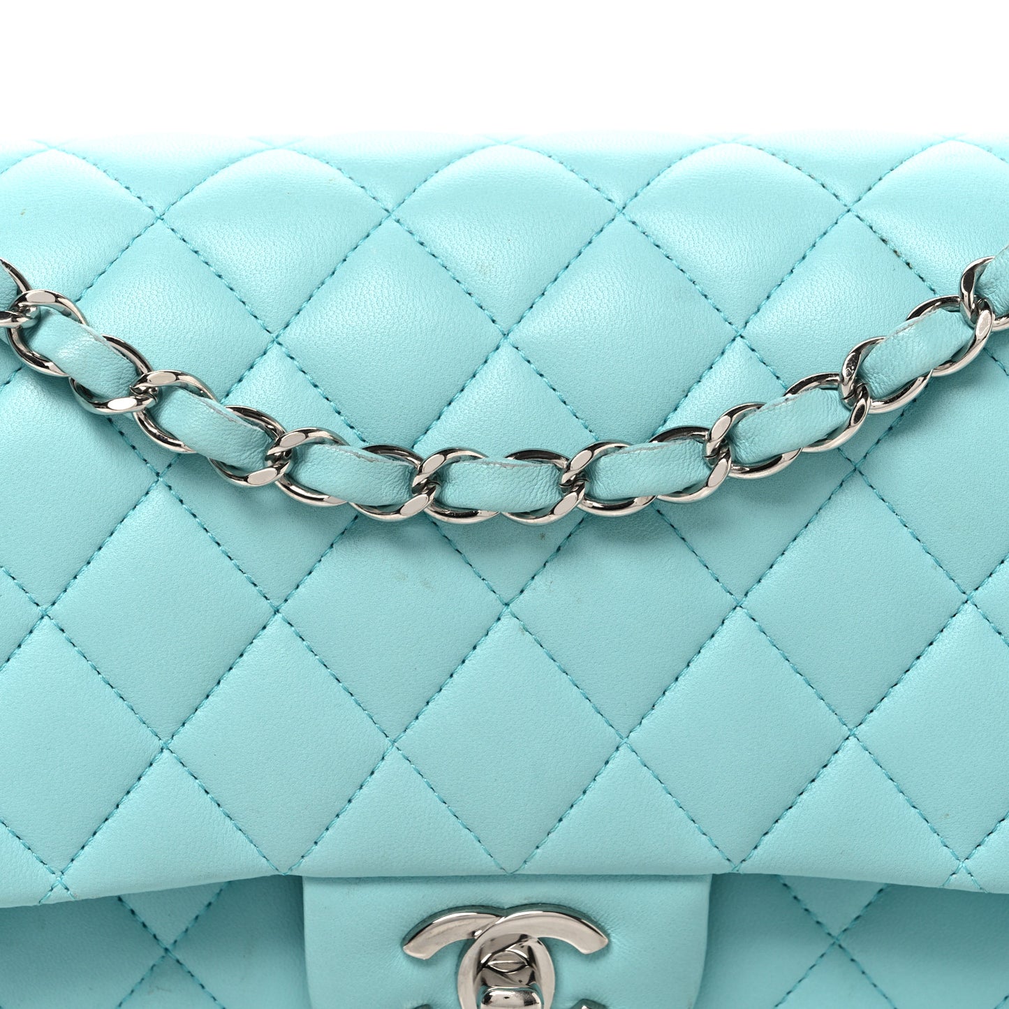 Lambskin Quilted Medium Double Flap Light Blue