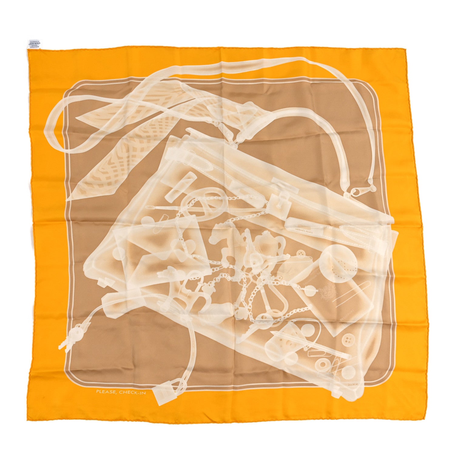 Hermes Silk Please Check In Scarf 90 Jaune D'Or Camel 1 of 5