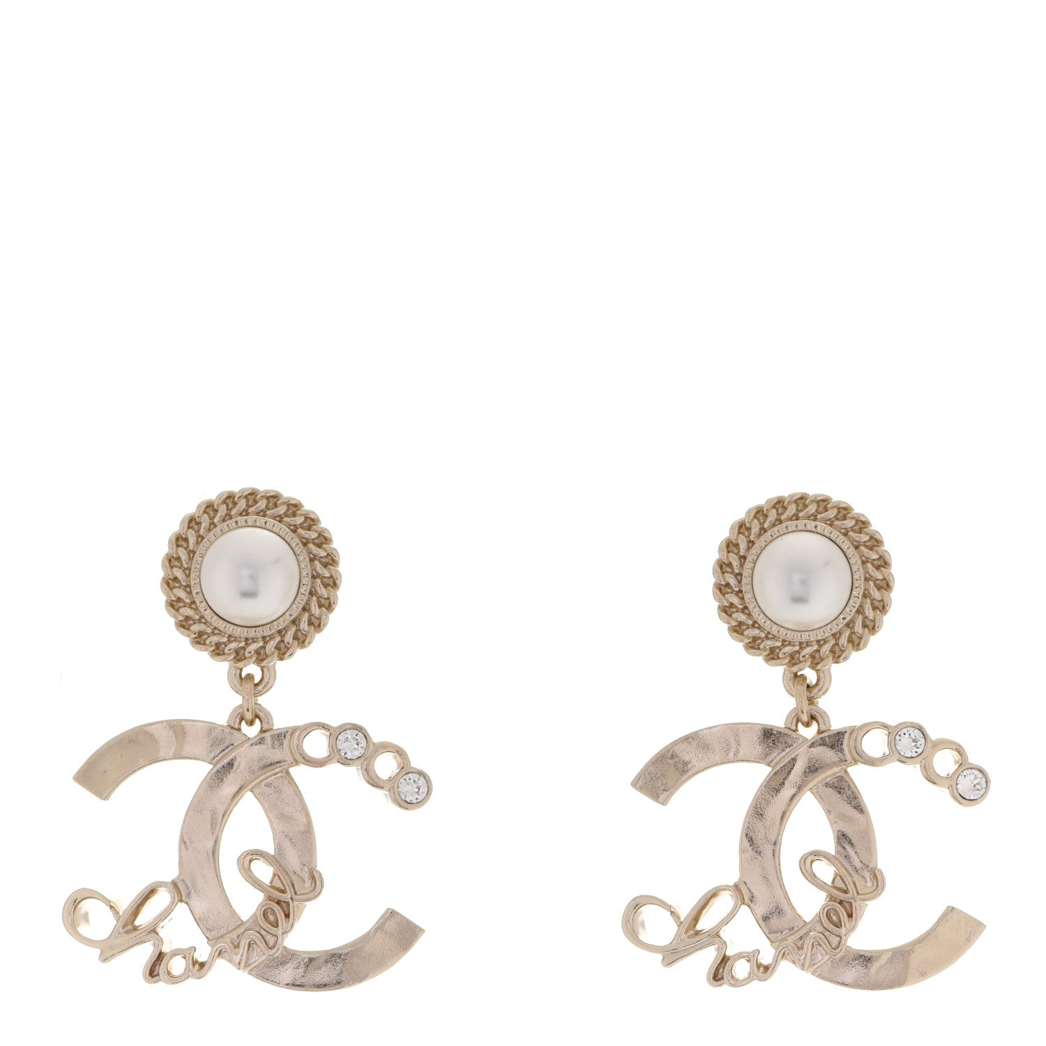 Chanel Metal Pearl Crystal Coco Script CC Drop Earrings Gold 1 of 5
