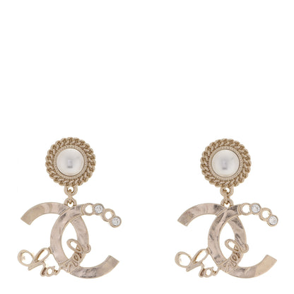 Chanel Metal Pearl Crystal Coco Script CC Drop Earrings Gold 1 of 5