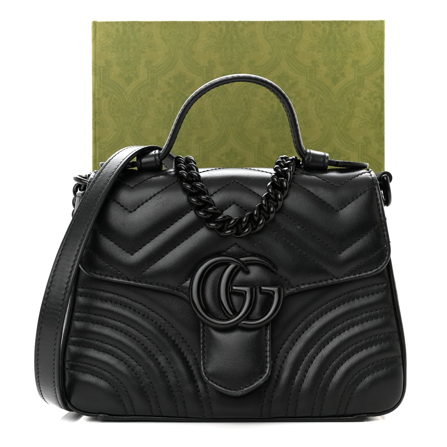 Gucci Calfskin Matelasse Monochrome Mini GG Marmont Top Handle Shoulder Bag Black 14 of 14
