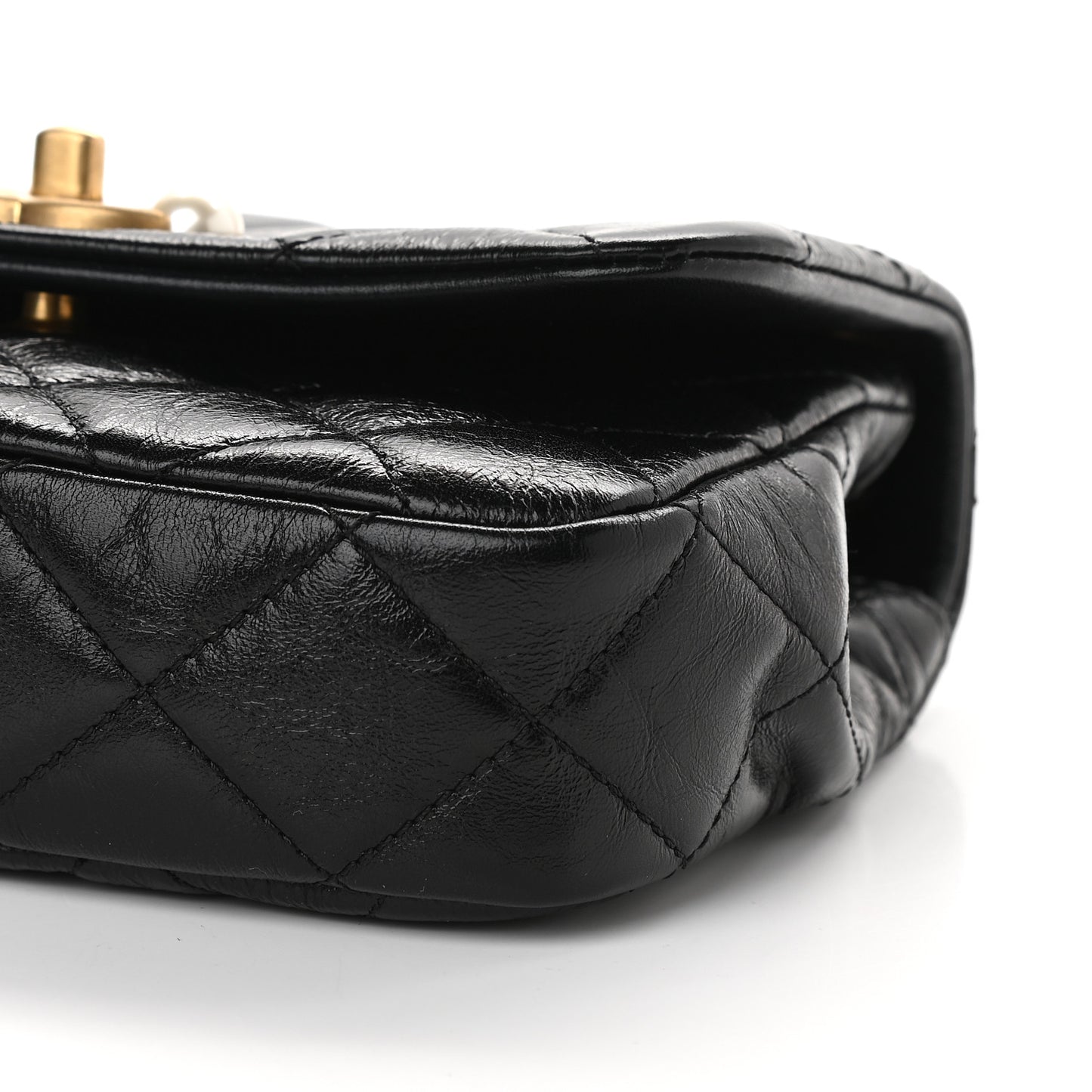 Glazed Calfskin Quilted Mini Pearl Side Flap Black