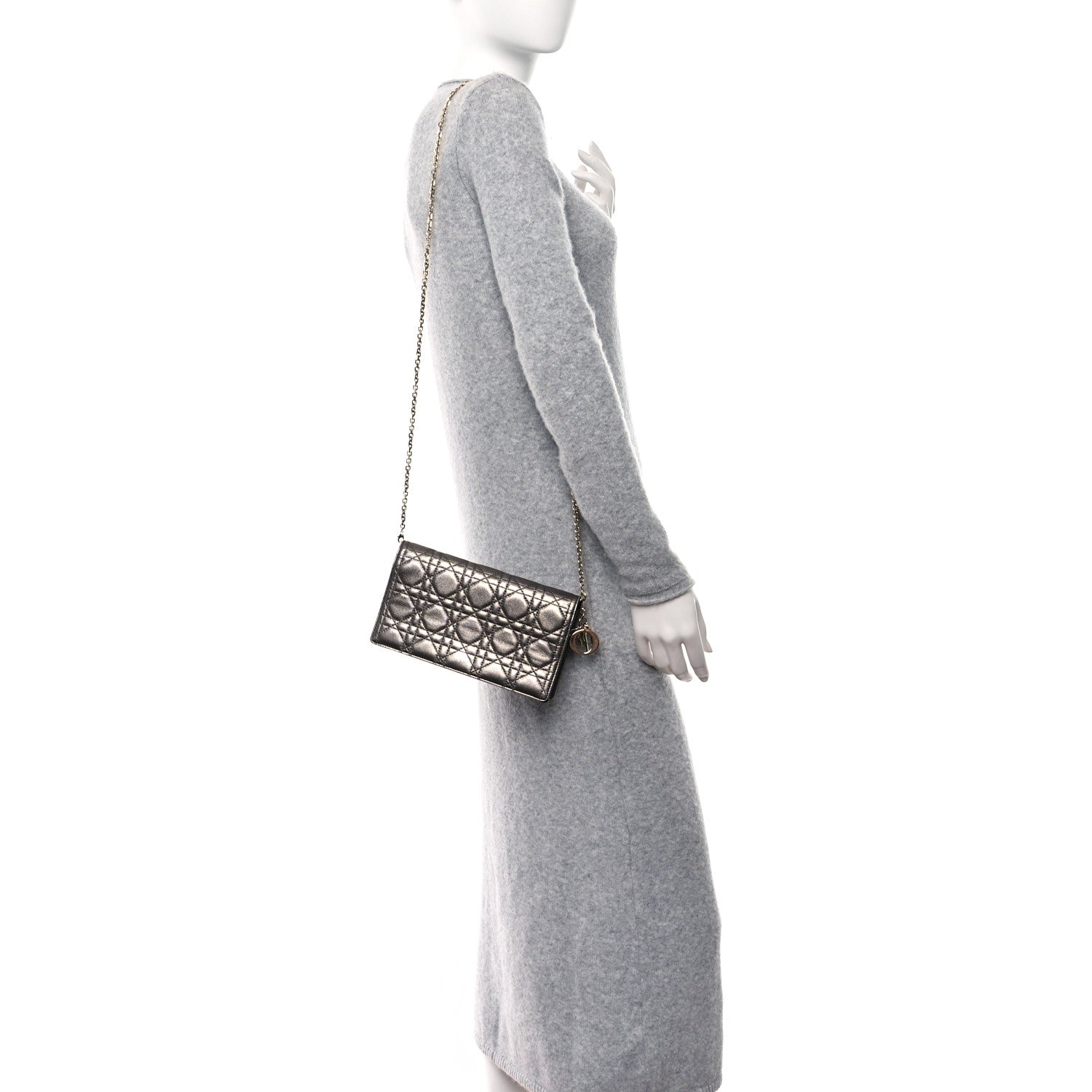 Christian Dior Metallic Calfskin Cannage Lady Dior Convertible Clutch Gunmetal 2 of 16
