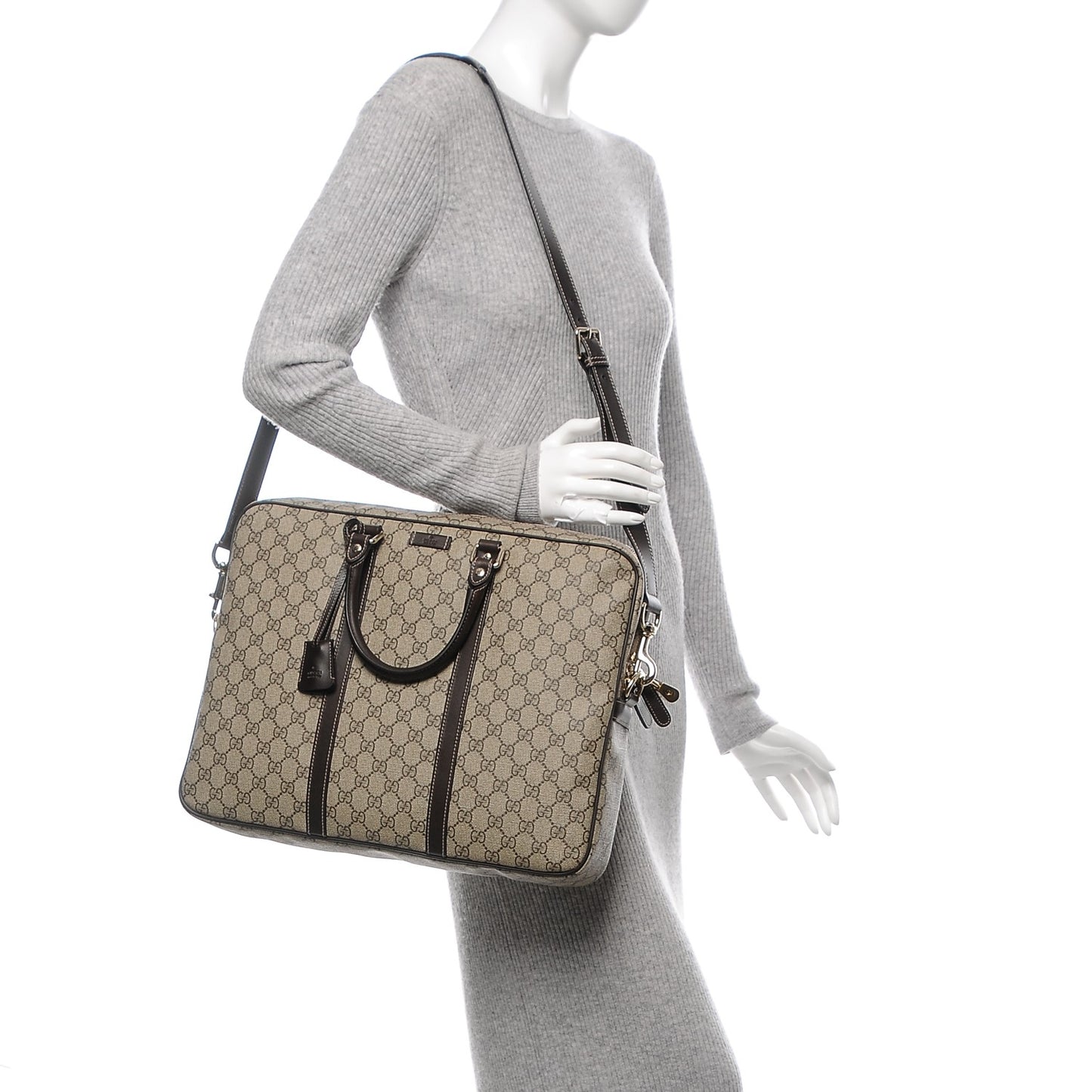 GG Plus Monogram Selleria Calfskin Briefcase Beige Ebony Cocoa