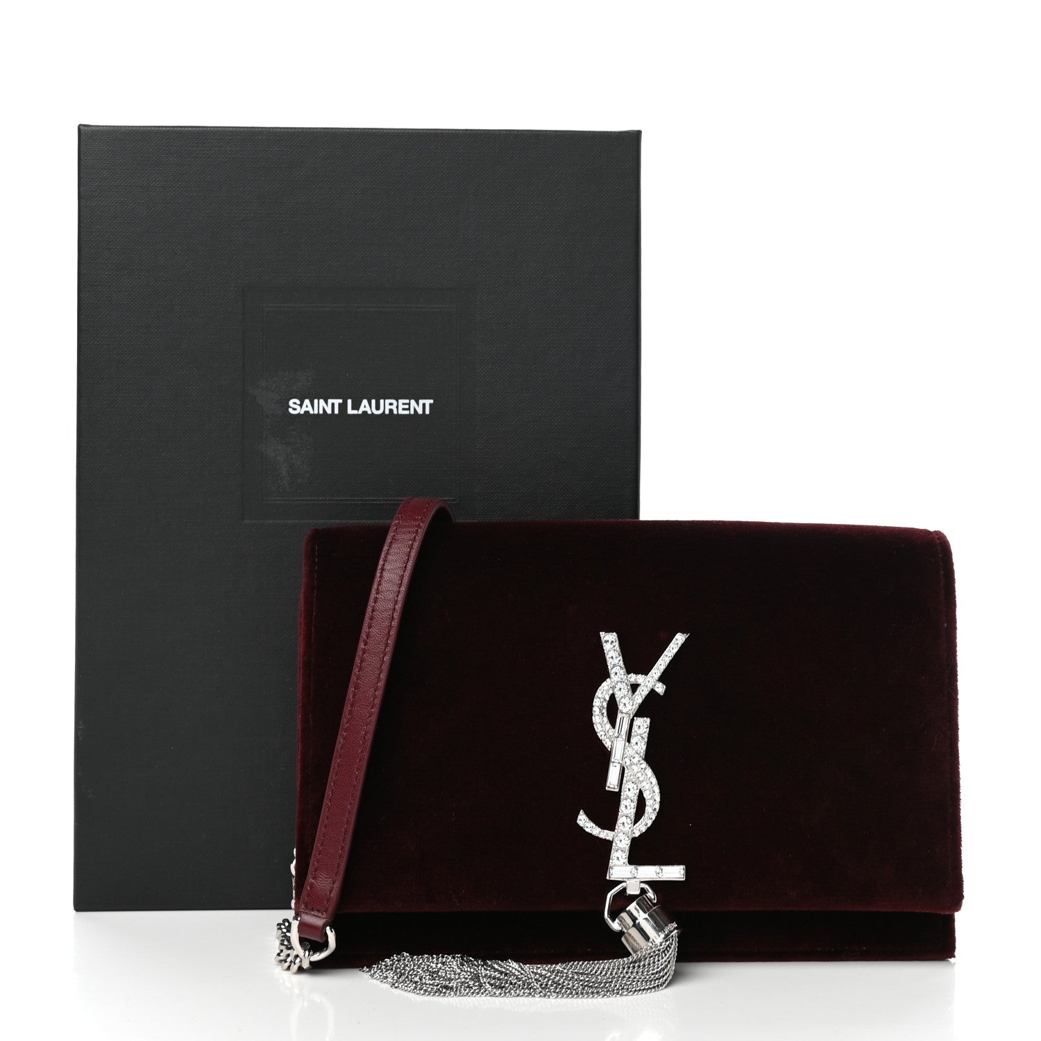 Saint Laurent Velvet Crystal Monogram Kate Tassel Shoulder Bag Burgundy 9 of 9