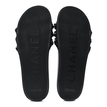 Chanel Satin Canvas Chain Slides Sandals Flats 41 Marine 5 of 10