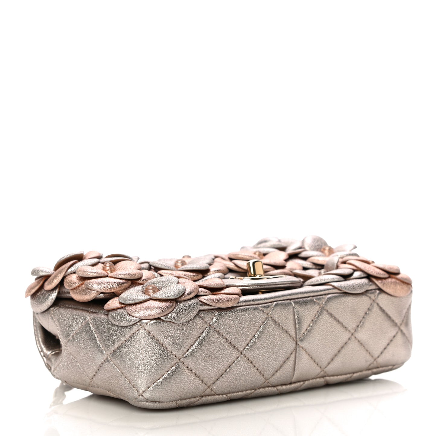 Metallic Lambskin Quilted Mini Camellia Flap Silver Gold