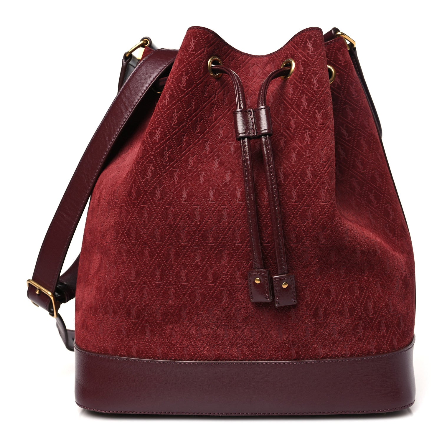 Saint Laurent Suede All-Over Monogram Bucket Bag Burgundy 1 of 11