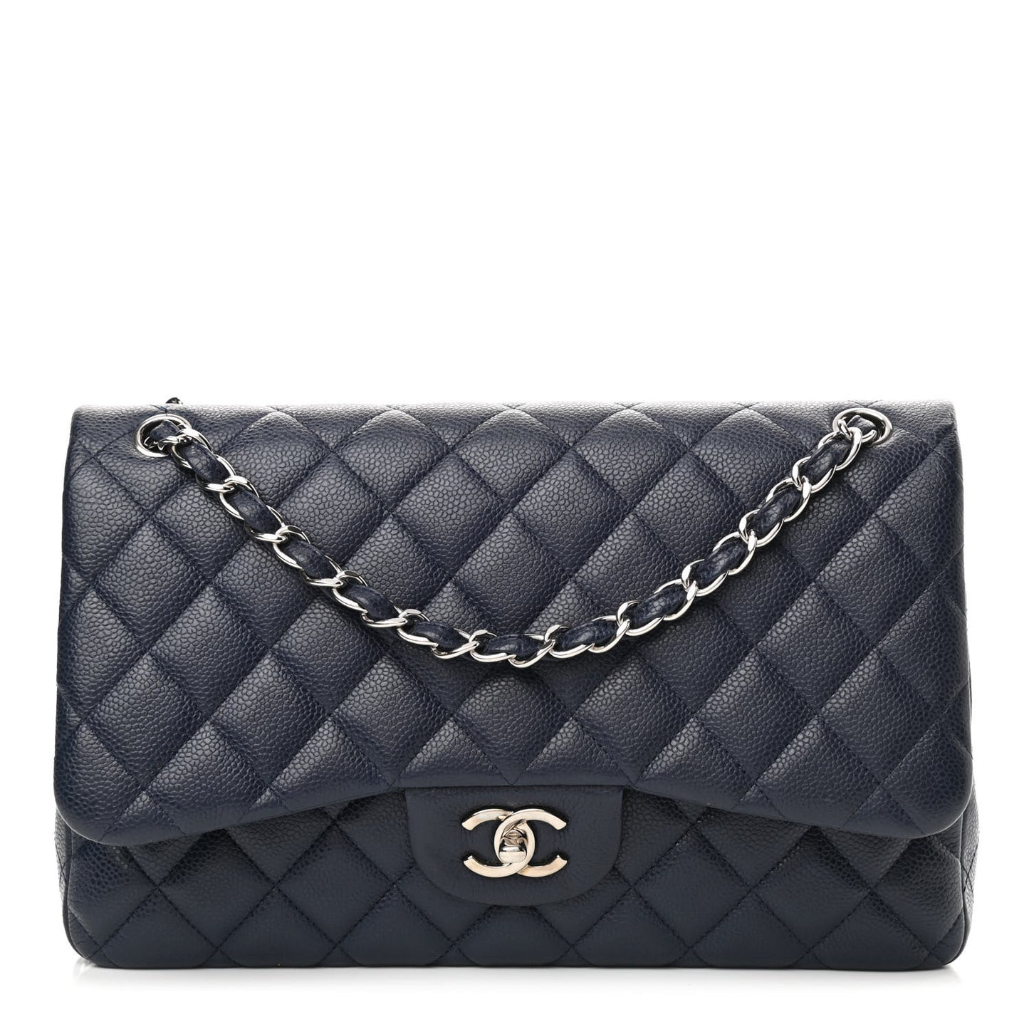 Caviar Quilted Jumbo Double Flap Navy Blue