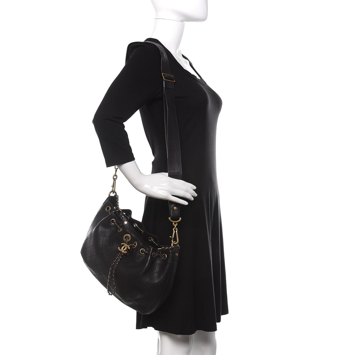 Calfskin Stitched Small Paris Rome Drawstring CC Bag Black