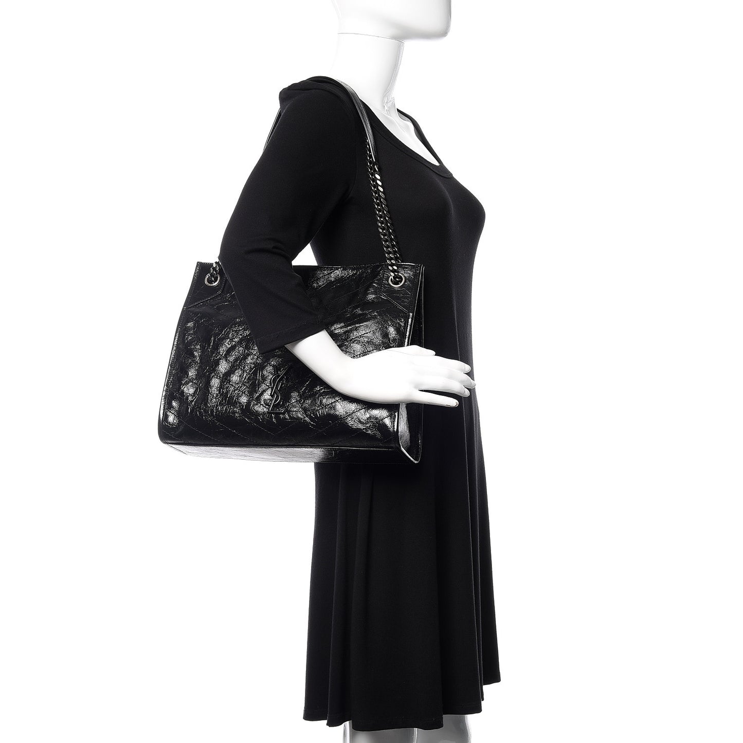 Crinkled Calfskin Matelasse Monogram Medium Niki Shopper Tote Black