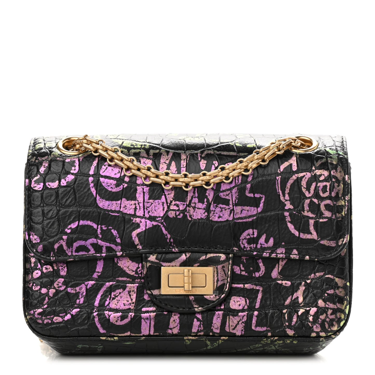 Calfskin Crocodile Embossed Graffiti 2.55 Mini Cocodile Reissue Flap Black Pink