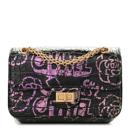 Chanel Calfskin Crocodile Embossed Graffiti 2.55 Mini Cocodile Reissue Flap Black Pink 1 of 10