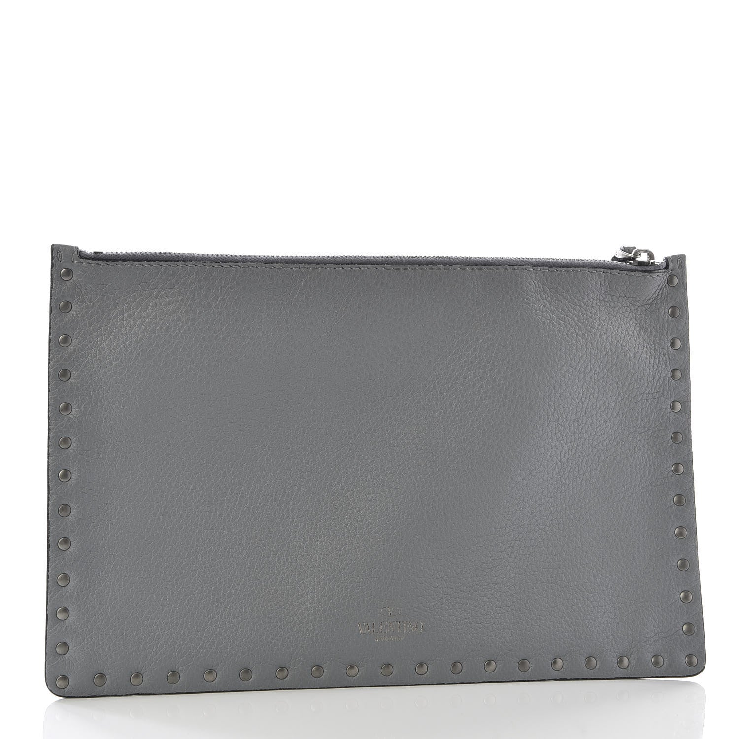 Valentino Garavani Grained Calfskin Turquoise Large Rockstud Rolling Zip Pouch Light Stone 2 of 8