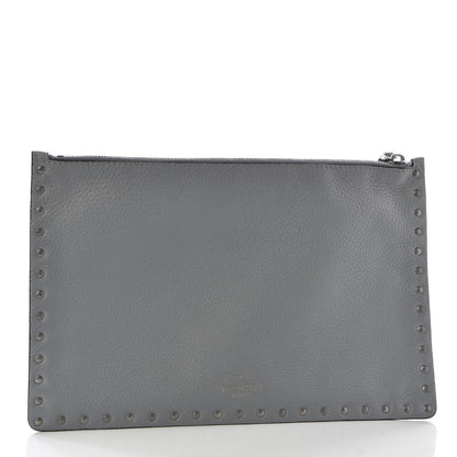 Valentino Garavani Grained Calfskin Turquoise Large Rockstud Rolling Zip Pouch Light Stone 2 of 8