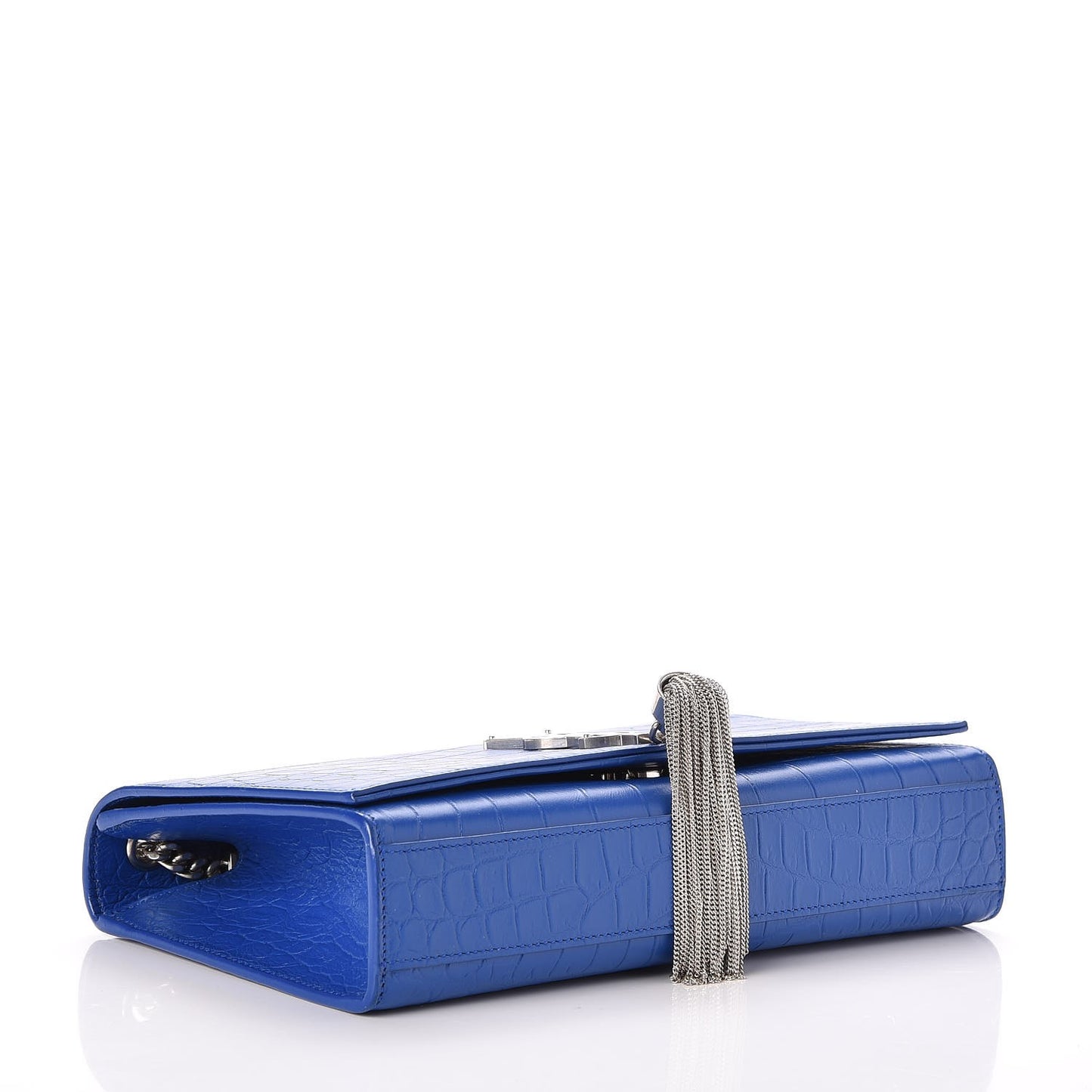 Calfskin Crocodile Embossed Medium Classic Monogram Kate Tassel Satchel Bleu Majorelle