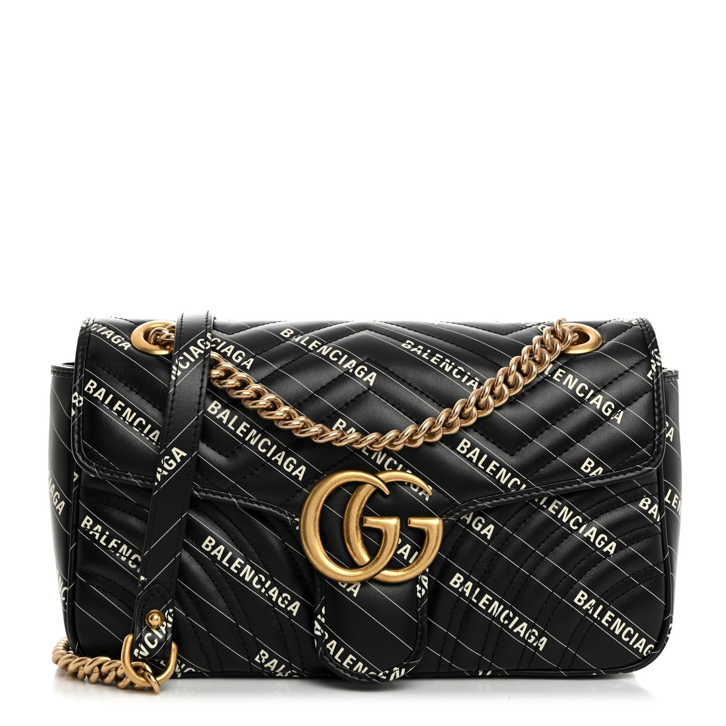 X BALENCIAGA Calfskin Matelasse Logo Print Small GG Marmont Shoulder Bag Black