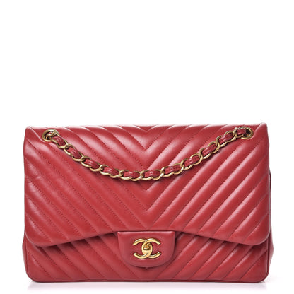 Chanel Lambskin Chevron Quilted Jumbo Double Flap Dark Red 1 of 15