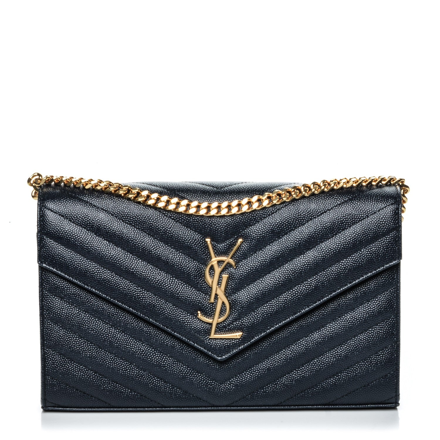 Saint Laurent Grain de Poudre Matelasse Chevron Medium Monogram Chain Wallet Navy 1 of 7