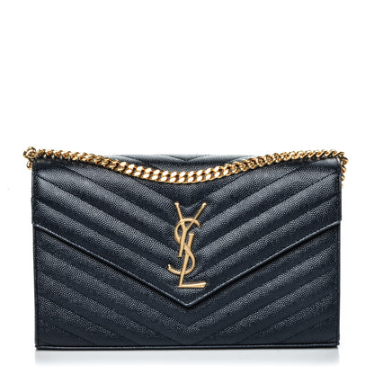 Saint Laurent Grain de Poudre Matelasse Chevron Medium Monogram Chain Wallet Navy 1 of 7