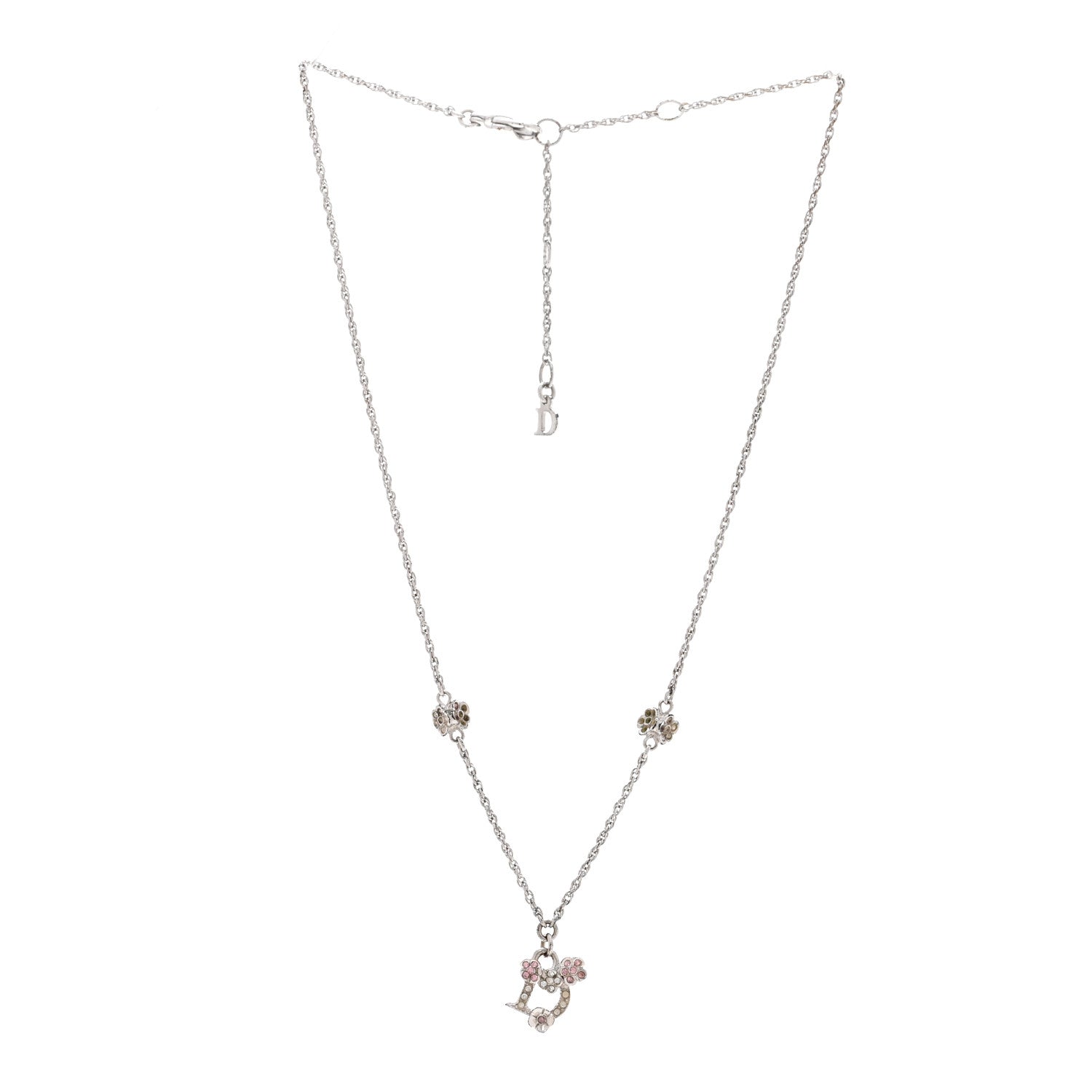 Christian Dior Crystal Flower Necklace Silver Pink 3 of 8