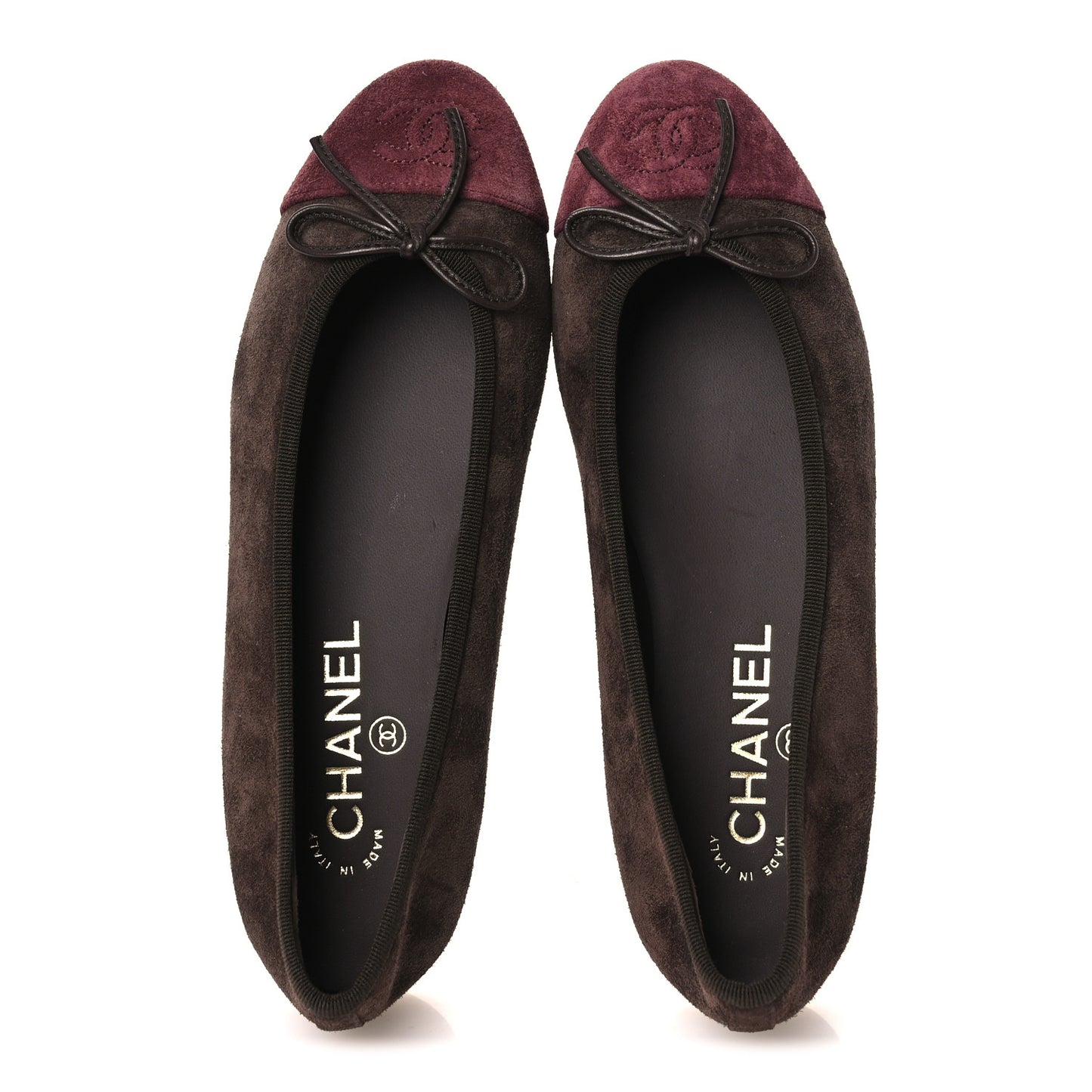 Suede Calfskin Cap Toe CC Ballerina Flats 36.5 Dark Brown Burgundy