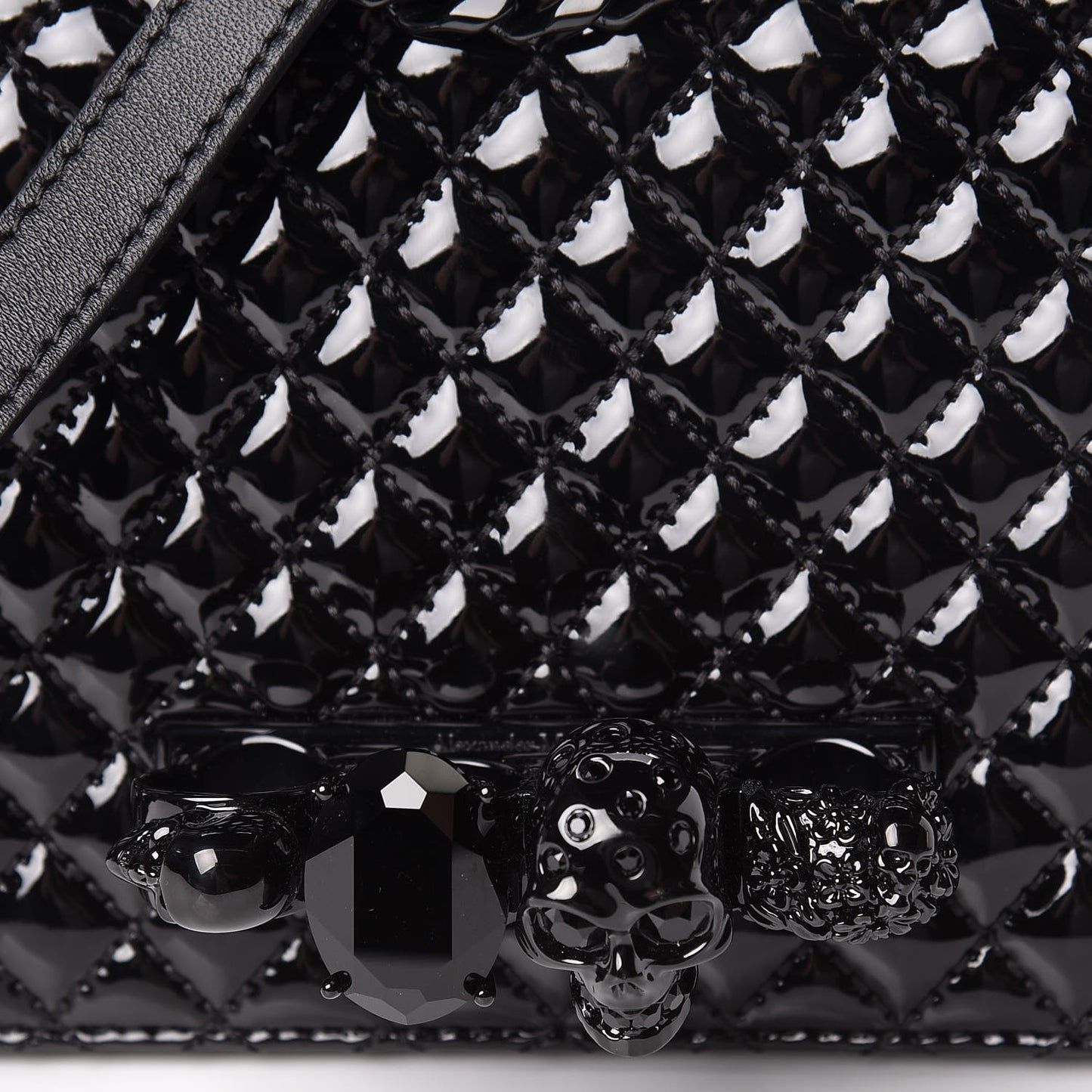 Patent Quilted Small Jeweled Knuckle Satchel Black