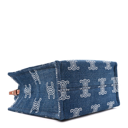 Celine Canvas Calfskin Triomphe Print Small Cabas Navy Tan 4 of 9