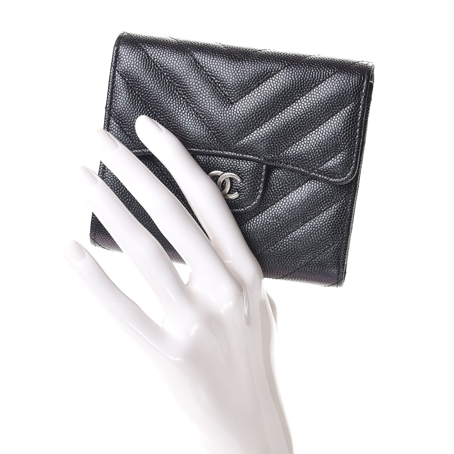 Chanel Iridescent Caviar Chevron Quilted Compact Flap Wallet Black 2 of 10